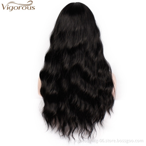 Vigorous Long Wavy Wigs with Bangs Middle Part Body Wave Synthetic Wig Heat Resistant Fiber Wigs for African American Women